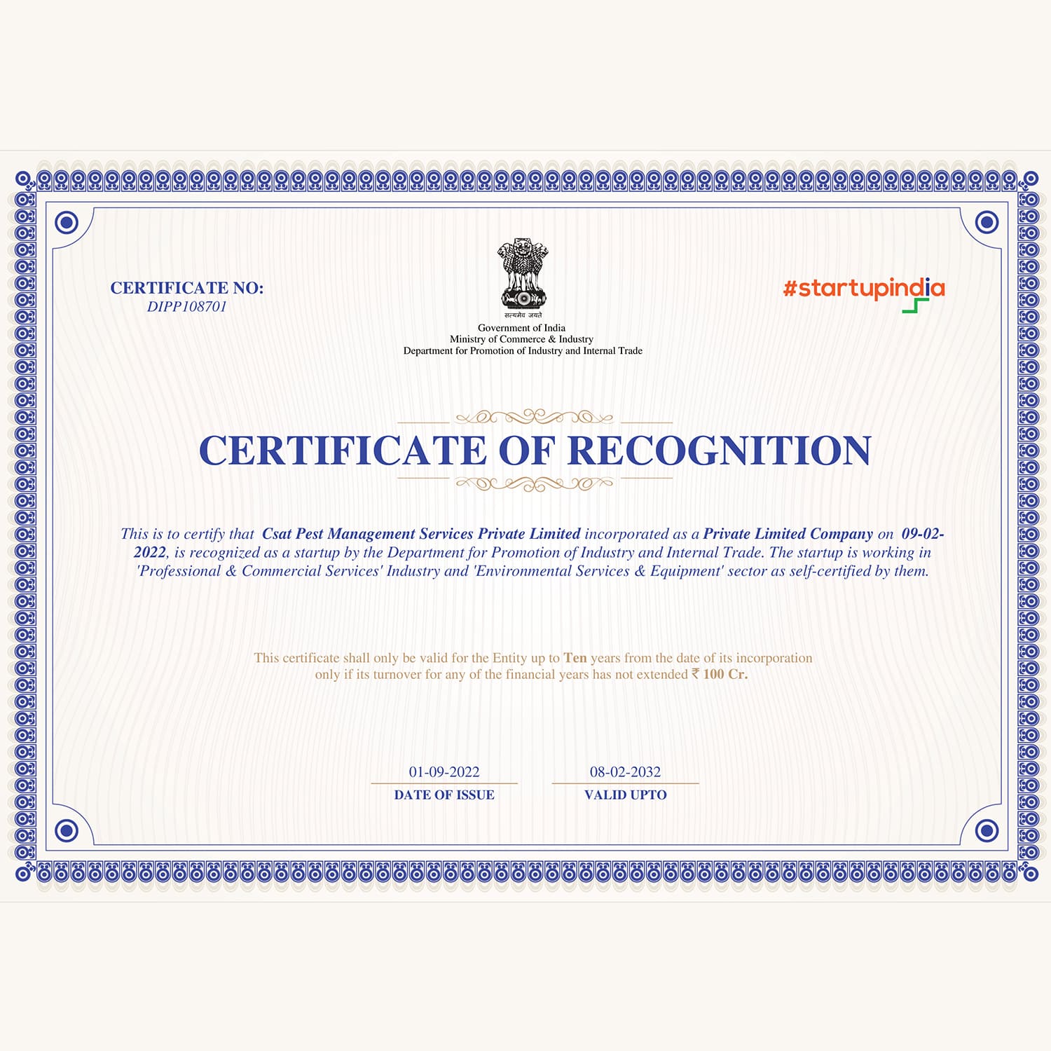 Certificate Of Startup India Recognition
